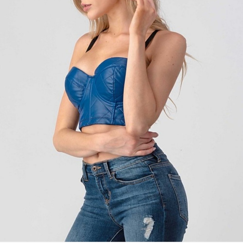 Host Pick The Callie Denim Blue Quilted VEGAN Leather Bustier Top LAST ONE LG😘 - Picture 6 of 9
